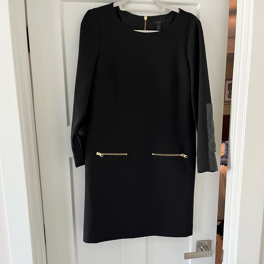 J Crew Black Mini Dress with Faux Leather and gold zipper detail